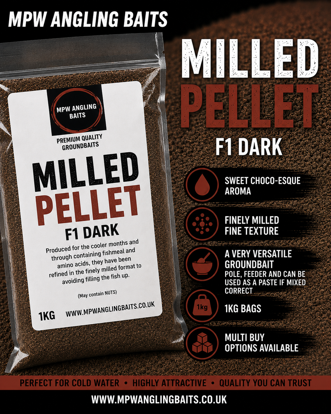 MPW XXX F1 DARK  MILLED PELLET GROUNDBAIT  1KG